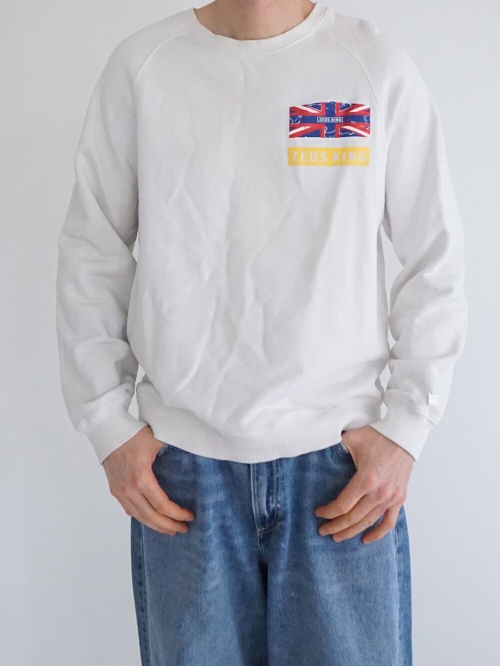Vintage Zeus King White Union Jack Flag Streetwear Cotton Graphic Sweatshirt XL